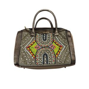 Nicole Lee Beaded Crystal Satchel Bag Metallic Bronze Tan Geometric Boho Handbag
